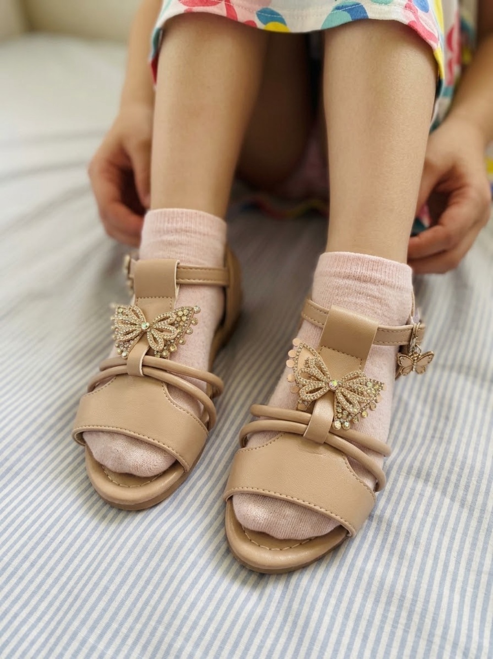 Girls Neutral Butterfly Embellished Sandals with Ankle Strap size 34 for kids